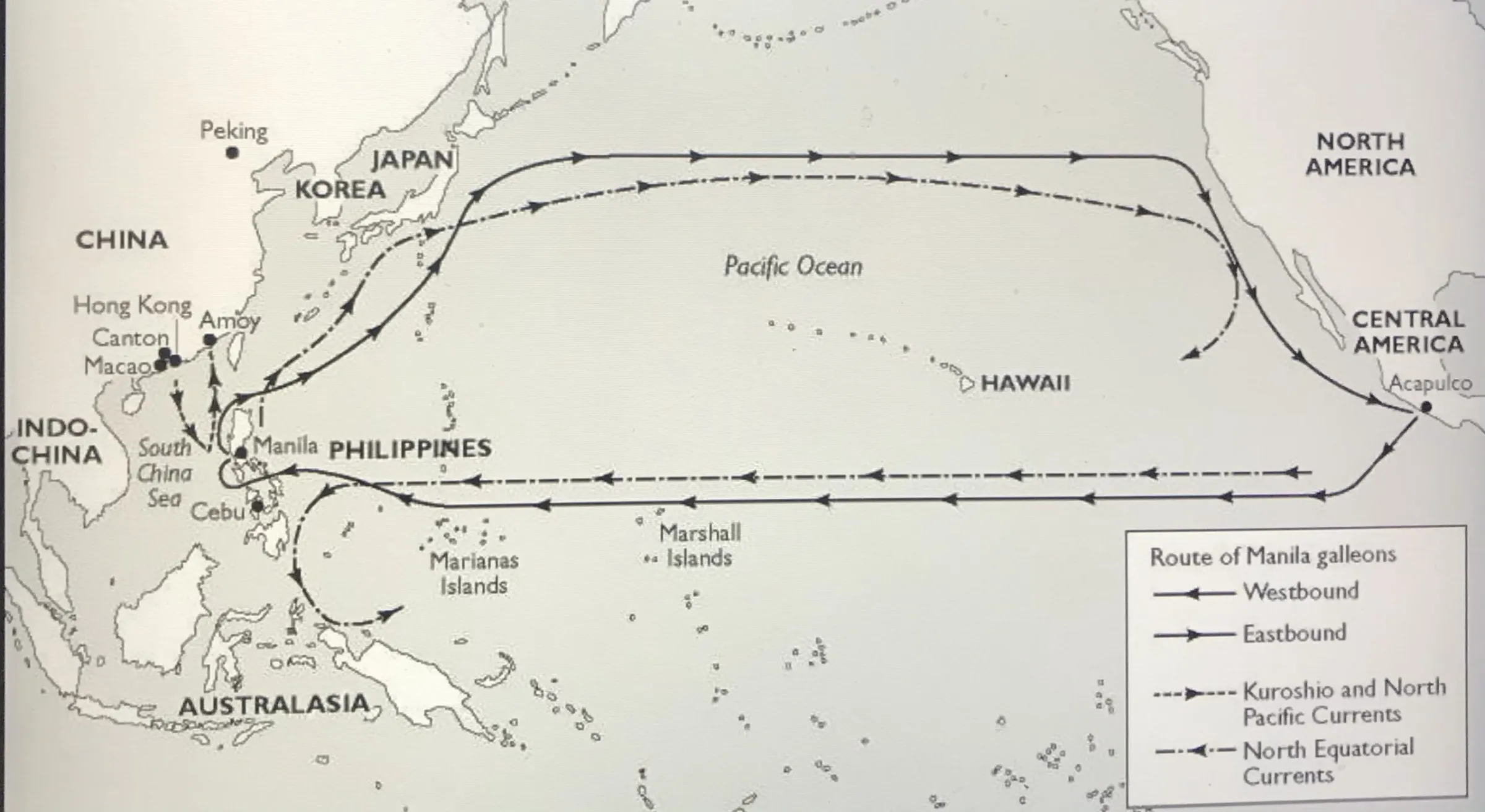 由西班牙主導、橫越太平洋的馬尼拉大商船(Manila Galleons),是從墨西哥西岸港口Acapulco前往馬尼拉的定期海運航線,從16世紀中葉維持到19世紀初期,整整250年。(Philippines.com)