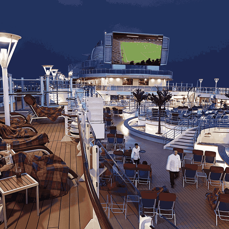 在星空露天電影院享受一場視覺盛宴,在露天池畔的300平方英尺的巨型螢幕與6萬9千瓦特的音響系統戲院級設備陪襯下觀賞電影和體育賽事。(圖片來源/公主遊輪 提供)